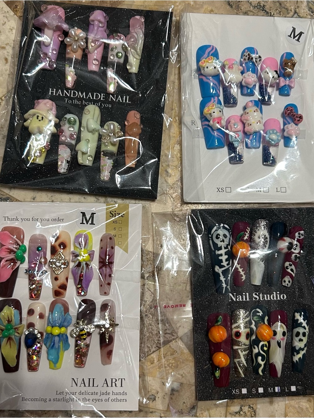 Handmade 3D Character Nail Set - Pink, Blue, White, Black water nails